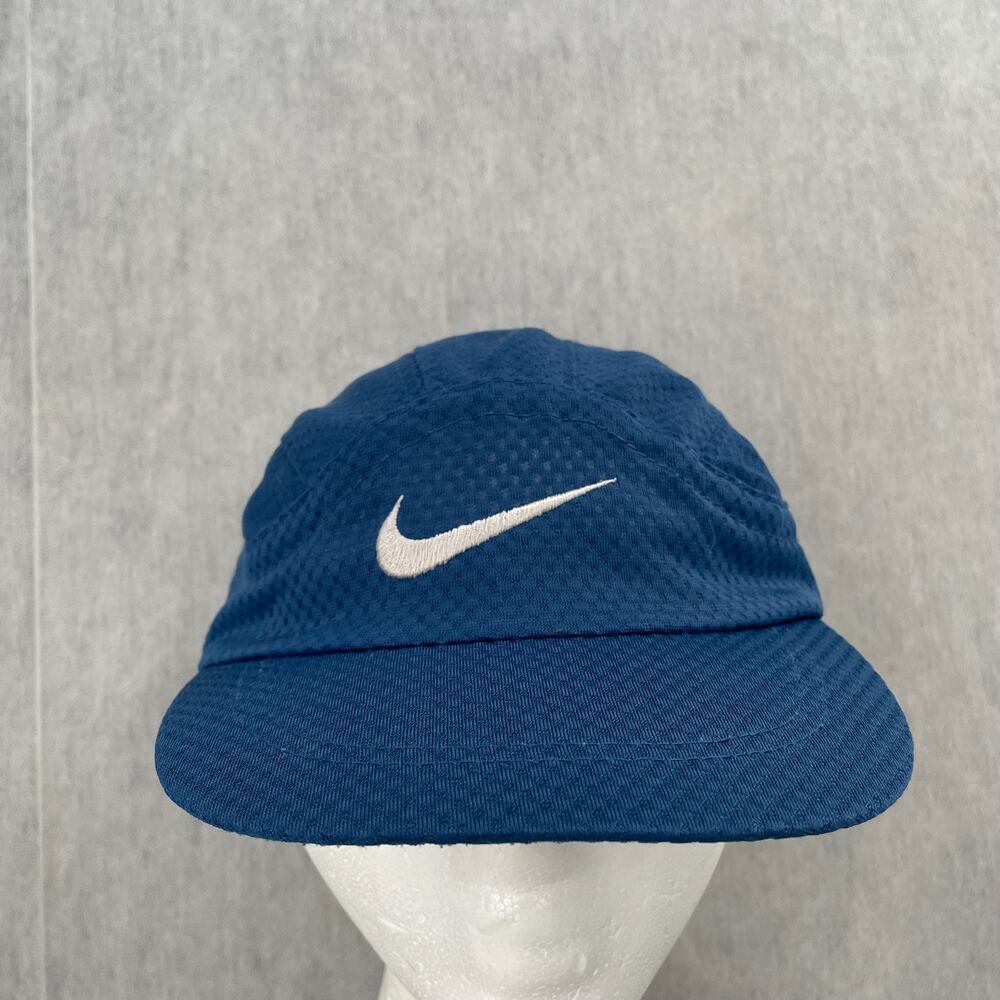 VINTAGE Nike Hat Cap Mens Strapback Blue 7 Panel Mesh Running Swoosh Logo